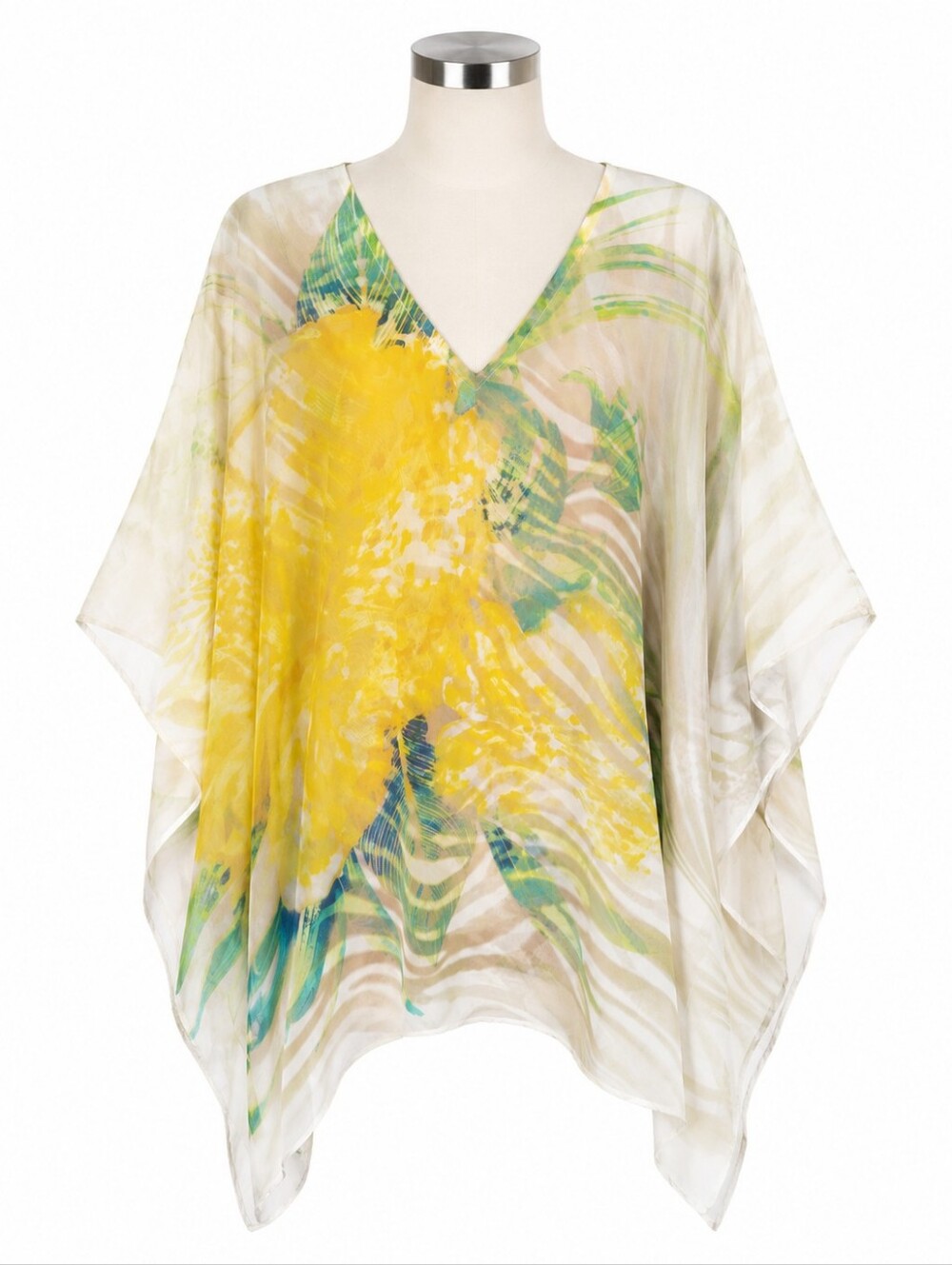 Chicos Poncho Top L/XL Yellow Teal Abstract Zebra Floral V-Neck Blouse Tunic
